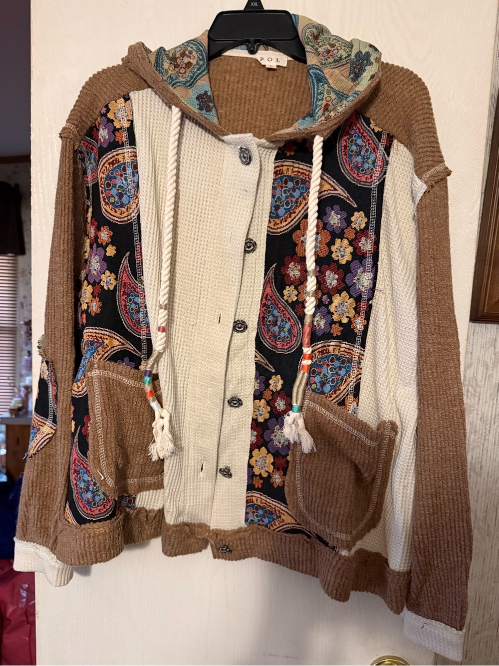 POL Boho Patchwork Hooded Cardigan in Brown, Cream, Black and Multicolor